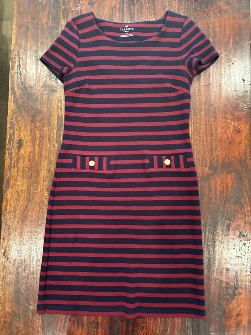 Talbots Petite Small Navy Red Stripe Sheath Dress Cotton SP Classic